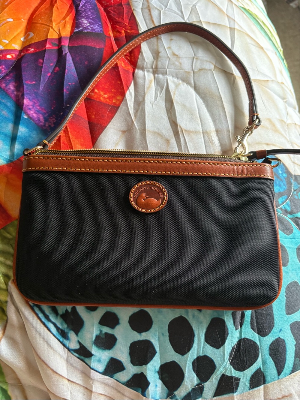 Dooney & Bourke Black Nylon Wristlet with Brown Leather Trim and Gold Hardware
